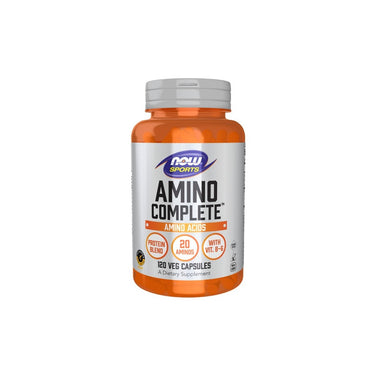 A bottle of Now Foods Amino Complete 120 Veg Capsules dietary supplement, containing 120 vegetable capsules, features a protein blend with 20 amino acids for muscle support and includes Vitamin B-6.